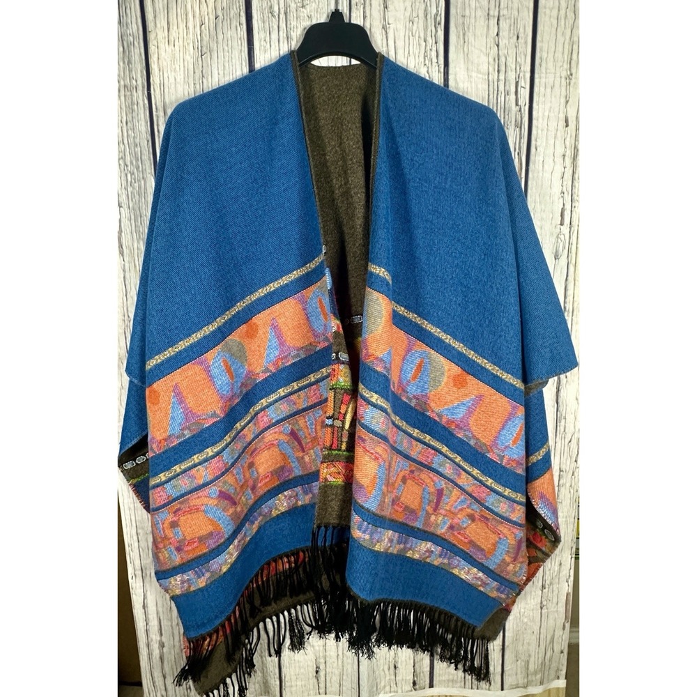 Made in France Reversible Poncho Women OS Blue‎ Brown Geometric Fringe Wrap Vtg
